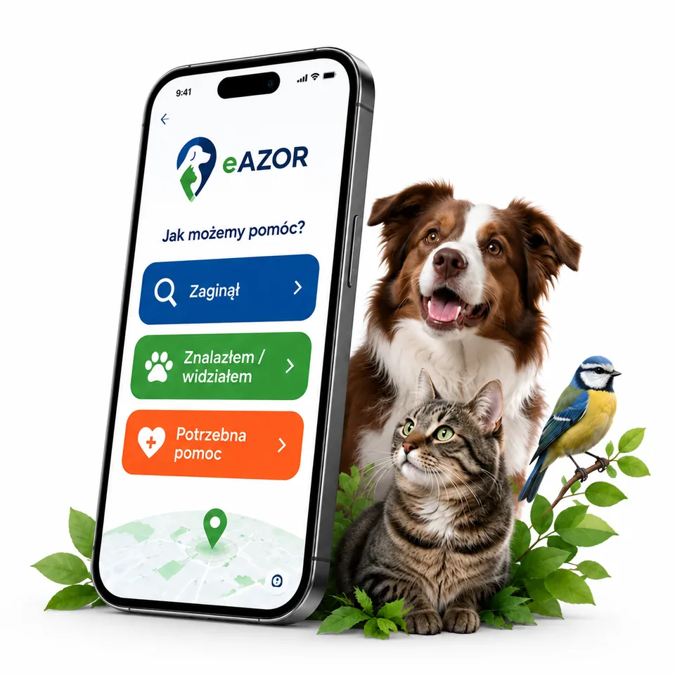 Telefon z eAZOR obok psa, kota i ptaka